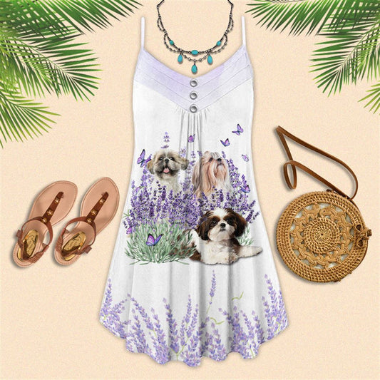 Purple Flower Shih Tzu Spaghetti Strap Summer Dress For Women On Beach Vacation, Hippie Dress, Hippie Beach Outfit