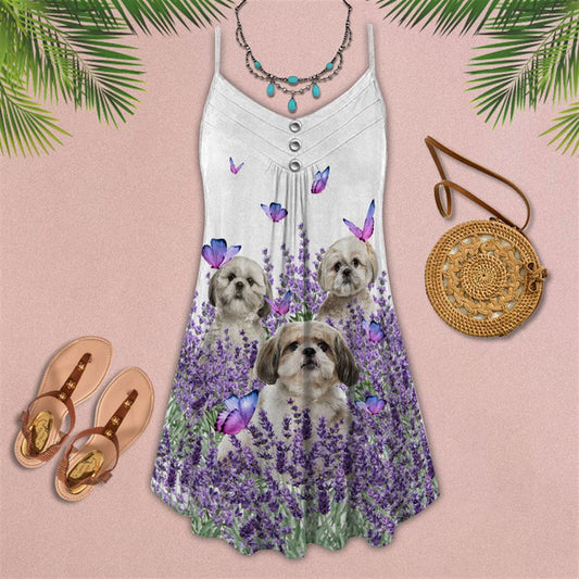 Purple Flowers Shih Tzu Spaghetti Strap Summer Dress For Women On Beach Vacation, Hippie Dress, Hippie Beach Outfit