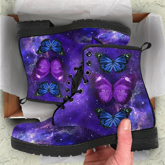 Purple Galaxy Butterfly Leather Boots For Men And Women, Gift For Hippie Lovers, Hippie Boots, Lace Up Boots