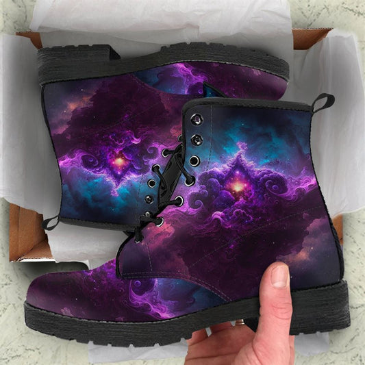 Purple Galaxy Leather Boots For Men And Women, Gift For Hippie Lovers, Hippie Boots, Lace Up Boots