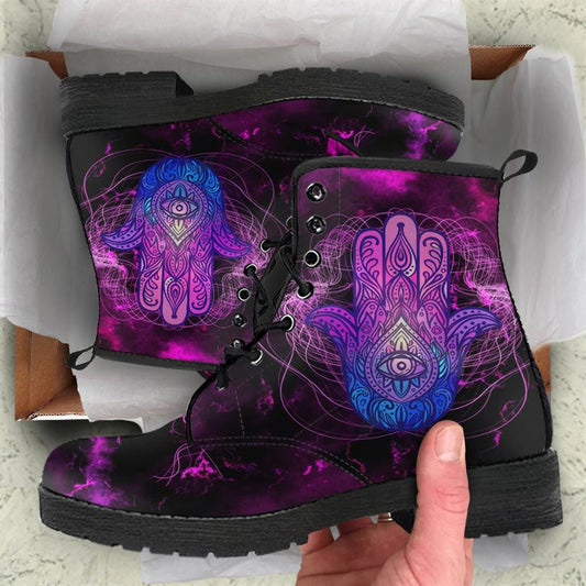 Purple Hamsa Leather Boots For Men And Women, Gift For Hippie Lovers, Hippie Boots, Lace Up Boots