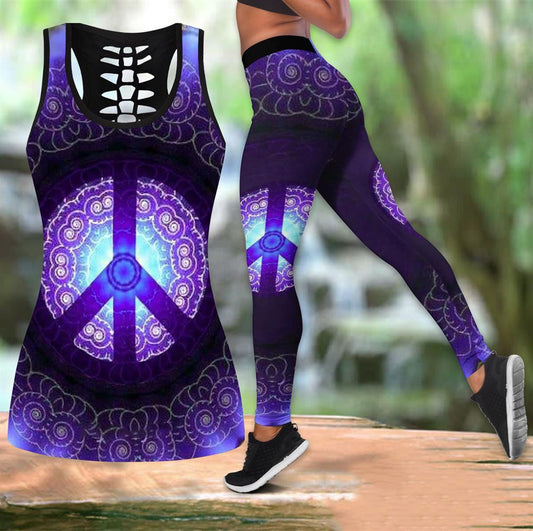 Purple Hippie Hollow Tanktop Leggings, Sports Clothes Style Hippie For Women, Gift For Yoga Lovers