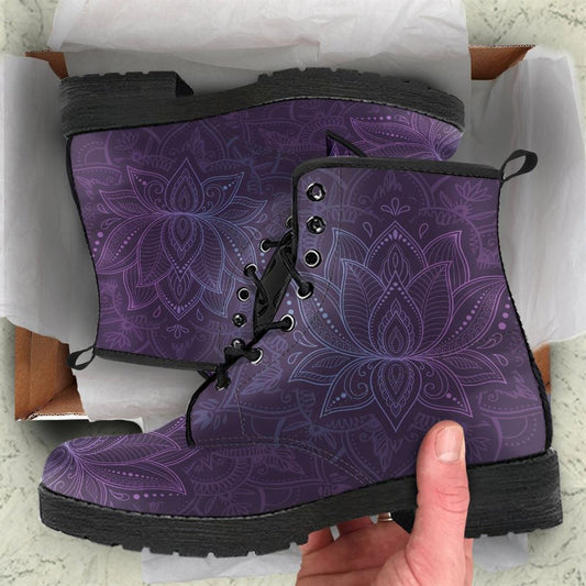 Purple Lotus Mandala Leather Boots For Men And Women, Gift For Hippie Lovers, Hippie Boots, Lace Up Boots