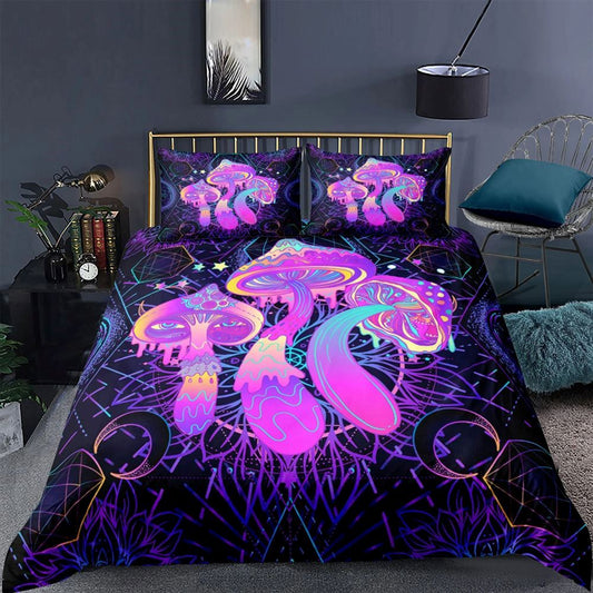 Purple Mushrooms Hippie Night Quilt Bedding Set, Boho Bedding Set, Soft Comfortable Quilt, Hippie Home Decor