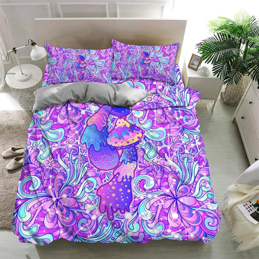 Purple Mushrooms Hippie Quilt Bedding Set, Boho Bedding Set, Soft Comfortable Quilt, Hippie Home Decor