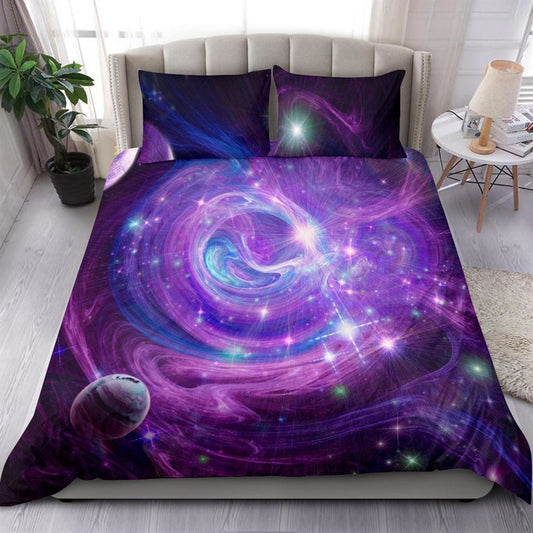 Purple Nebula Galaxy Universe Multicolored Quilt Bedding Set, Boho Bedding Set, Soft Comfortable Quilt, Hippie Home Decor