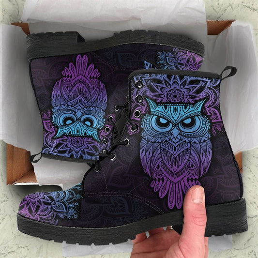 Purple Owl Mandala Leather Boots For Men And Women, Gift For Hippie Lovers, Hippie Boots, Lace Up Boots