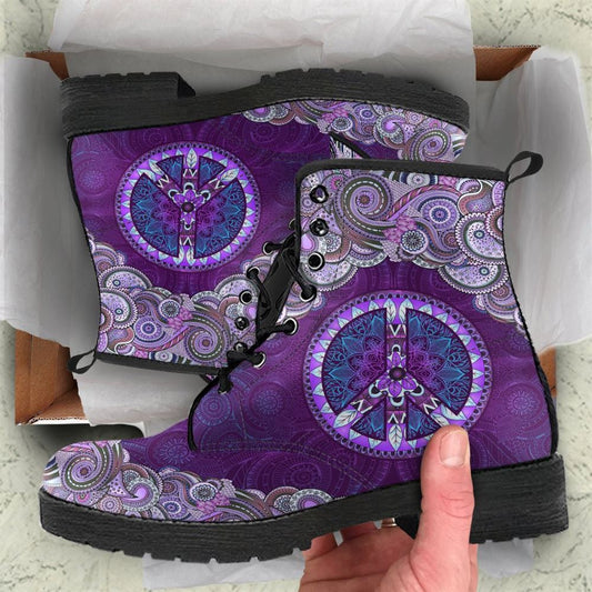 Purple Peace Mandala Leather Boots For Men And Women, Gift For Hippie Lovers, Hippie Boots, Lace Up Boots