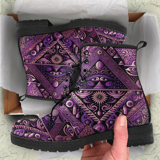 Purple Psychedelic Aztec Boho Leather Boots For Men And Women, Gift For Hippie Lovers, Hippie Boots, Lace Up Boots