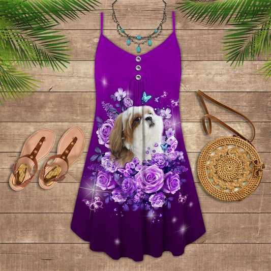 Purple Rose Butterfly Shih Tzu Spaghetti Strap Summer Dress For Women On Beach Vacation, Hippie Dress, Hippie Beach Outfit