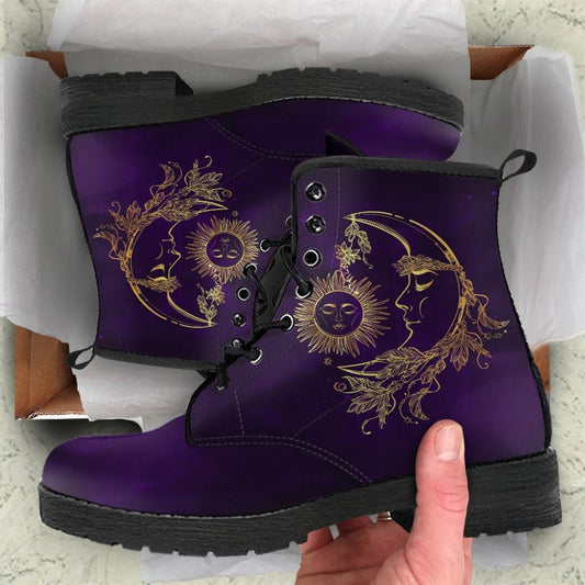 Purple Sun And Moon 1 Leather Boots For Men And Women, Gift For Hippie Lovers, Hippie Boots, Lace Up Boots