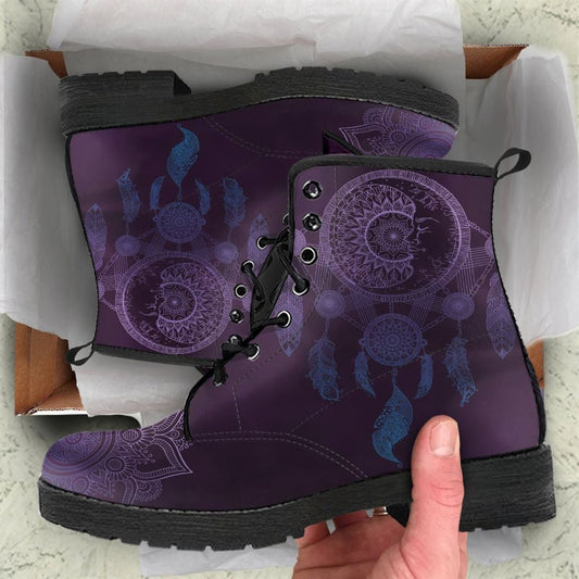 Purple Sun And Moon Dreamcatcher Mandala Leather Boots For Men And Women, Gift For Hippie Lovers, Hippie Boots, Lace Up Boots