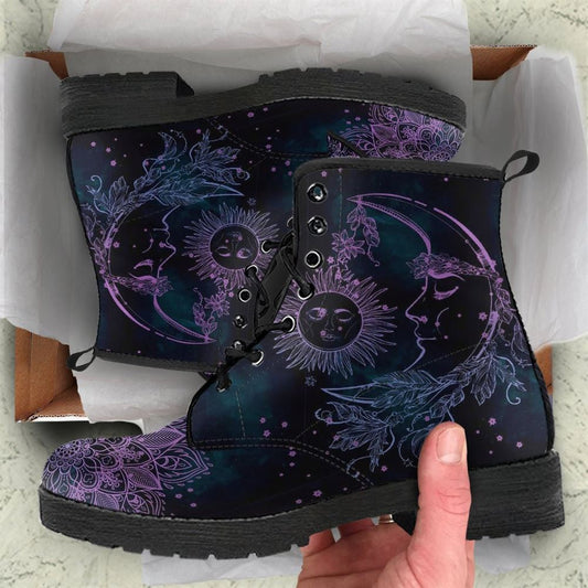Purple Sun And Moon Leather Boots For Men And Women, Gift For Hippie Lovers, Hippie Boots, Lace Up Boots
