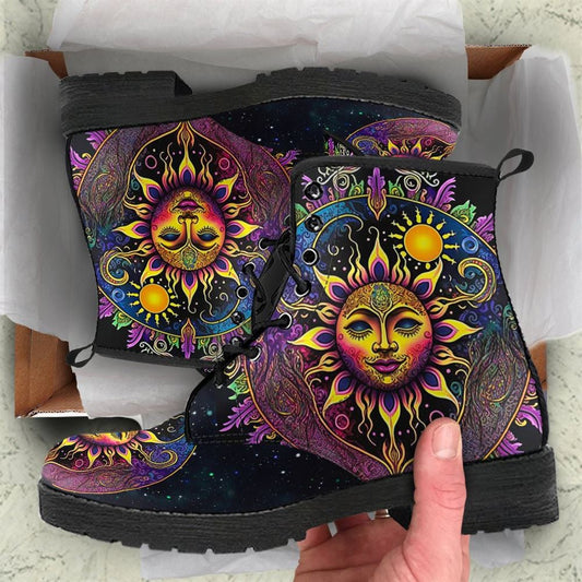 Purple Sun And Moon Mandala Leather Boots For Men And Women, Gift For Hippie Lovers, Hippie Boots, Lace Up Boots