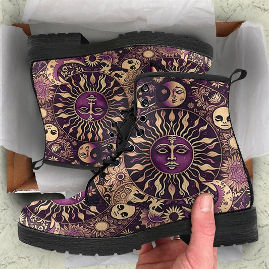 Purple Sun And Moon Witchy Leather Boots For Men And Women, Gift For Hippie Lovers, Hippie Boots, Lace Up Boots