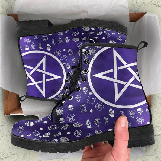 Purple Wicca Leather Boots For Men And Women, Gift For Hippie Lovers, Hippie Boots, Lace Up Boots