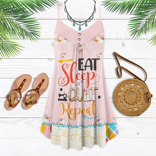 Quilting Eat Sleep Quilt Repeat Spaghetti Strap Summer Dress For Women On Beach Vacation, Hippie Dress, Hippie Beach Outfit