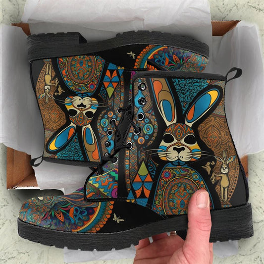 Rabbit Boho Hippie Leather Boots For Men And Women, Gift For Hippie Lovers, Hippie Boots, Lace Up Boots