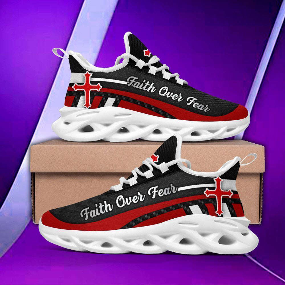 Red Black Jesus Faith Over Fear Running Sneakers Max Soul Shoes, Christian Soul Shoes, Jesus Running Shoes, Fashion Shoes