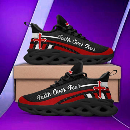 Red Black Jesus Faith Over Fear Running Sneakers Max Soul Shoes, Christian Soul Shoes, Jesus Running Shoes, Fashion Shoes