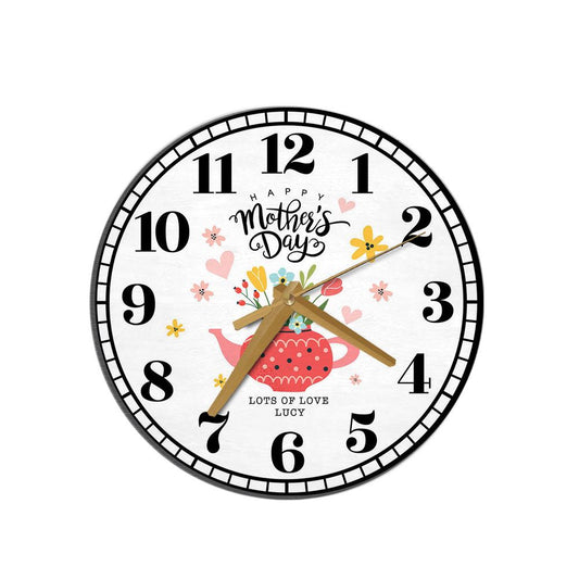 Red Floral Teapot Mother's Day Gift Personalised Wooden Clock, Mother's Day Wooden Clock, Gift For Mom
