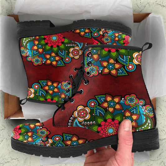 Red Flower Mandala Leather Boots For Men And Women, Gift For Hippie Lovers, Hippie Boots, Lace Up Boots