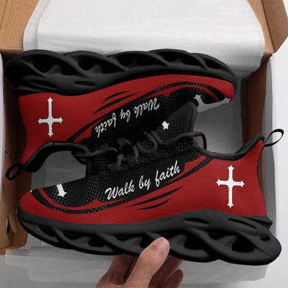 Red Jesus Walk By Faith Christ Sneakers Max Soul Shoes, Christian Soul Shoes, Jesus Running Shoes, Fashion Shoes