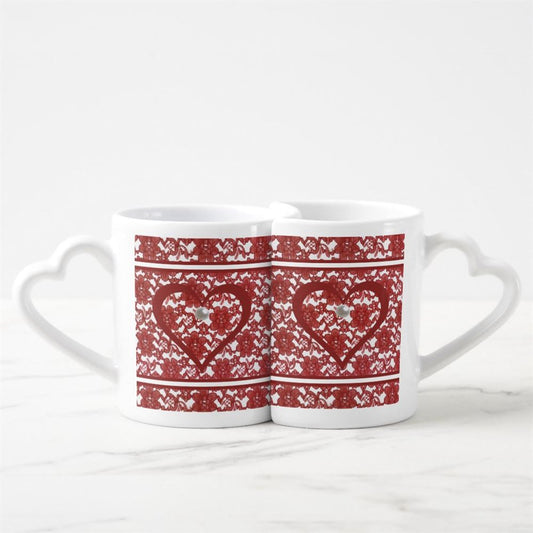 Red Lace Pattern Valentine'S Coffee Heart shaped Mug Set, Coffee Mugs For Couples, Valentine Mugs, Valentine Gift