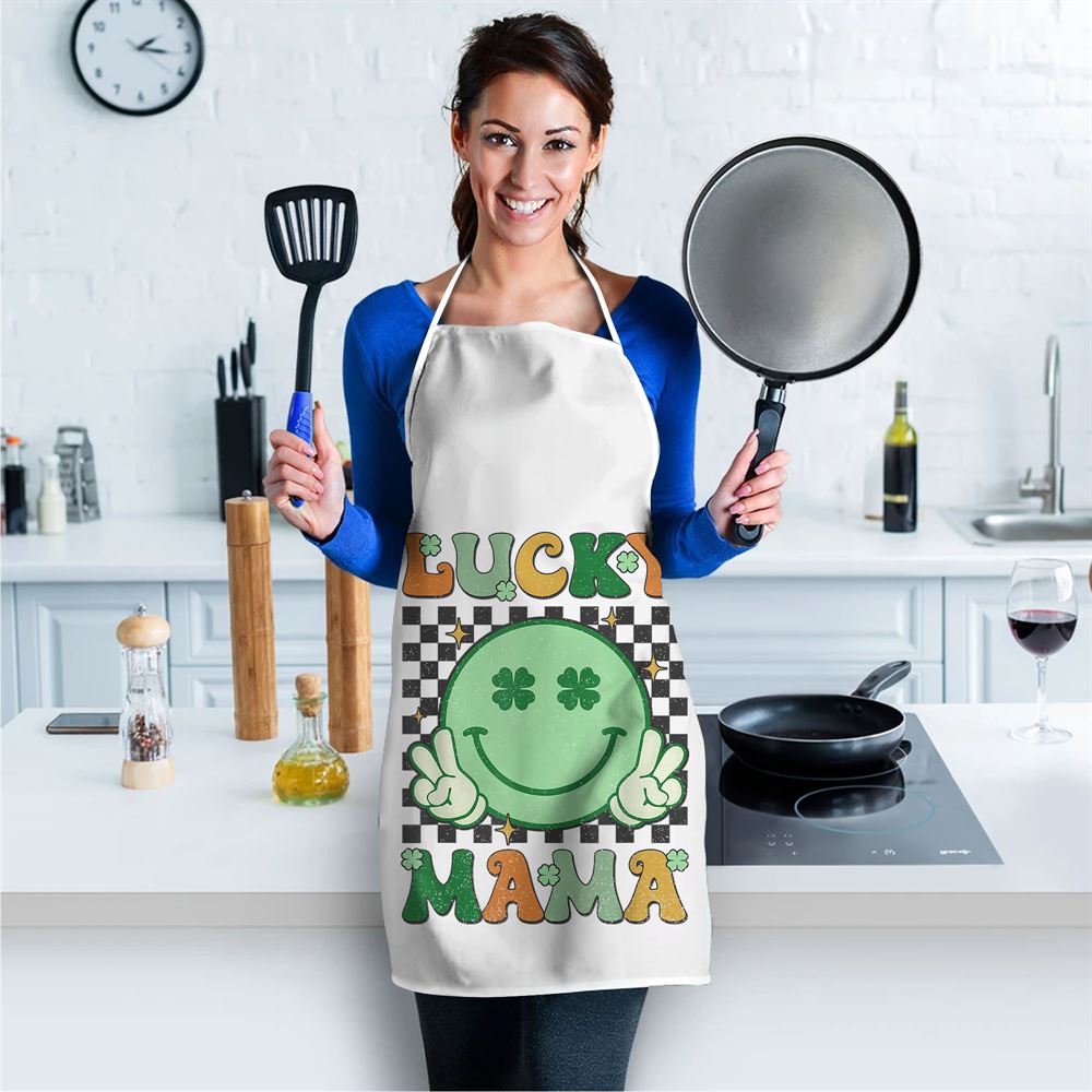 Retro Groovy St Patricks Day Lucky Mama Smile Mom Mother Apron, Mother's Day Apron, Funny Cooking Apron For Mom