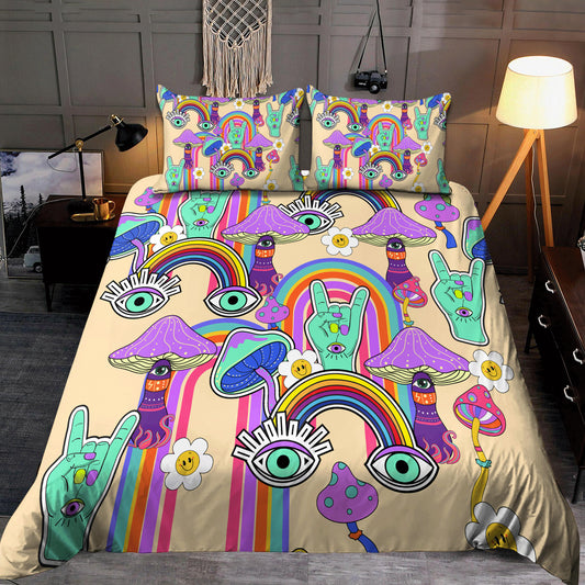 Retro Psychedelic Hippie Mushroom Illustration 3D Print Quilt Bedding Set, Boho Bedding Set, Soft Comfortable Quilt, Hippie Home Decor