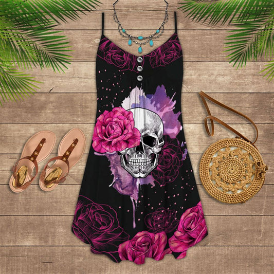 Rose Skull Pink Spaghetti Strap Summer Dress For Women On Beach Vacation, Hippie Dress, Hippie Beach Outfit
