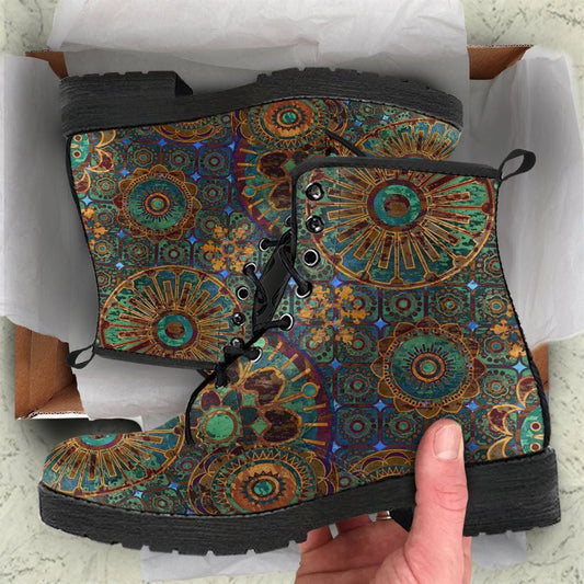 Rusty Gold Mandala Leather Boots For Men And Women, Gift For Hippie Lovers, Hippie Boots, Lace Up Boots