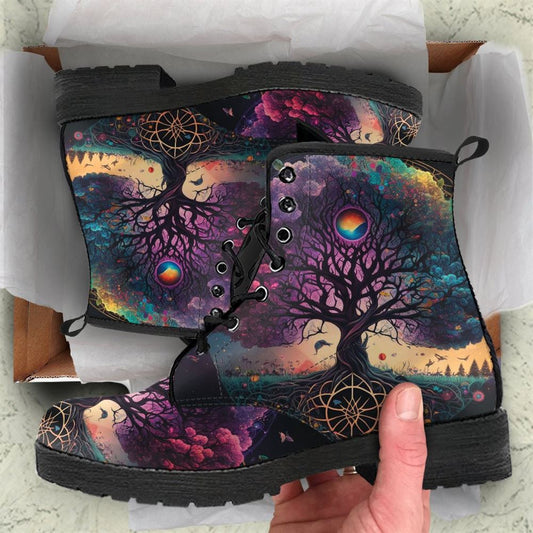 Sacred Tree Of Life Leather Boots For Men And Women, Gift For Hippie Lovers, Hippie Boots, Lace Up Boots