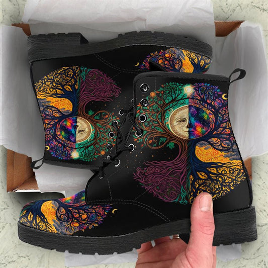 Shaman Vibes Tree Of Life Leather Boots For Men And Women, Gift For Hippie Lovers, Hippie Boots, Lace Up Boots
