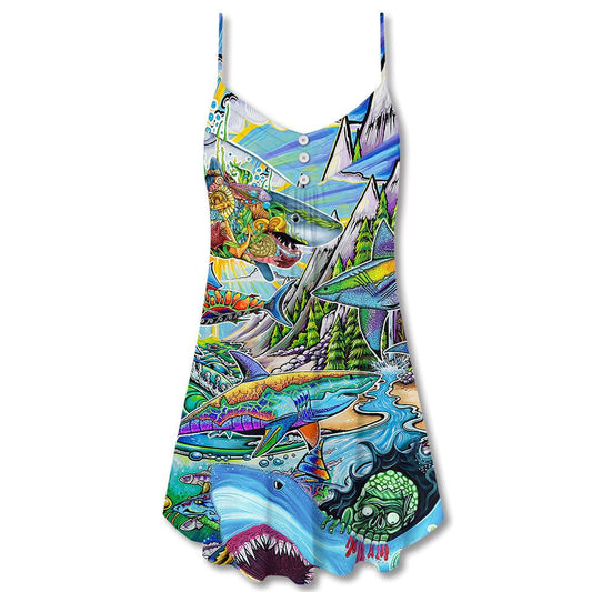Shark Hippie Colorful Art Peace Spaghetti Strap Summer Dress For Women On Beach Vacation, Hippie Dress, Hippie Beach Outfit