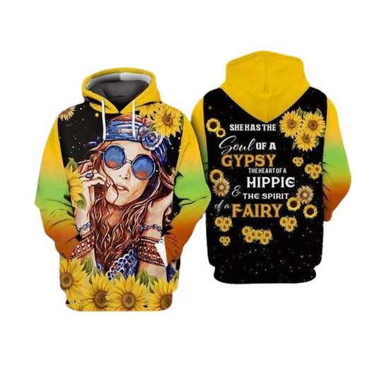 She Has The Soul Of A Gypsy Heart Of A Hippie Spirit Of A Fairy Yellow All Over Print 3D Hoodie For Men And Women, Hippie Outfit Ideas, Costume Hippie