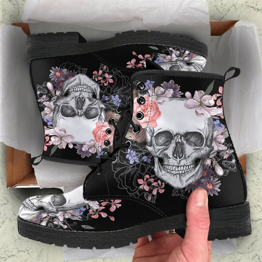 Skull Flower Leather Boots For Men And Women, Gift For Hippie Lovers, Hippie Boots, Lace Up Boots