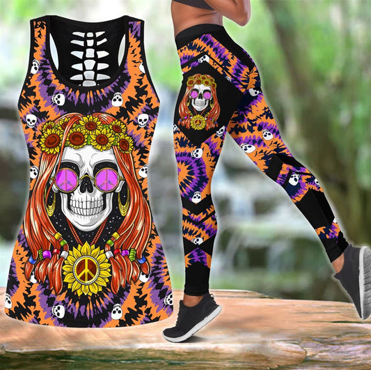 Skull Hippie Girl With Sunflower Peace Sign Hollow Tanktop Leggings, Sports Clothes Style Hippie For Women, Gift For Yoga Lovers