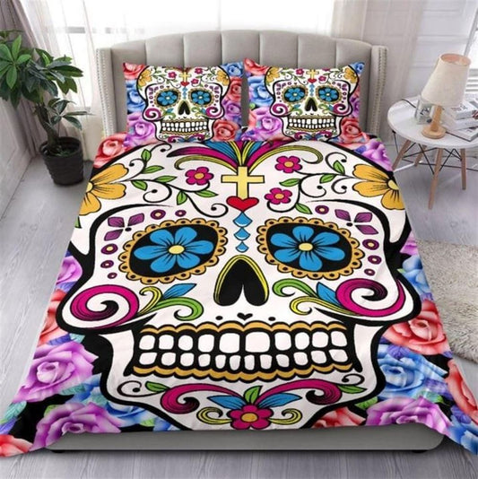 Skull Hippie Quilt Bedding Set, Boho Bedding Set, Soft Comfortable Quilt, Hippie Home Decor