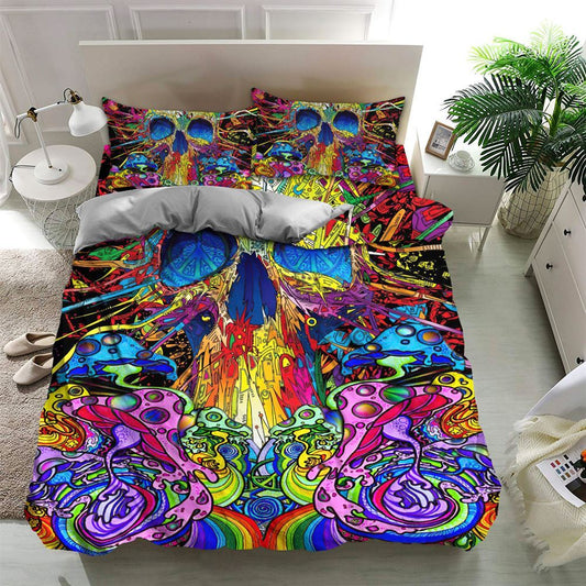 Skull Psychedelic Quilt Bedding Set, Boho Bedding Set, Soft Comfortable Quilt, Hippie Home Decor
