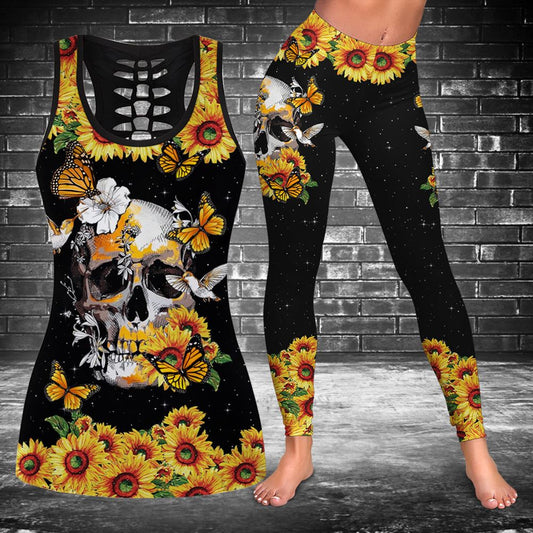 Skull Sunflower Butterfly Hollow Tanktop Leggings, Sports Clothes Style Hippie For Women, Gift For Yoga Lovers