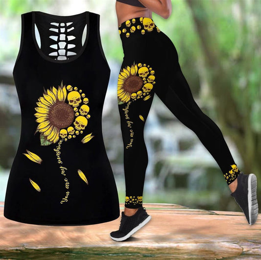 Skull Sunflower Hollow Tanktop Leggings, Sports Clothes Style Hippie For Women, Gift For Yoga Lovers