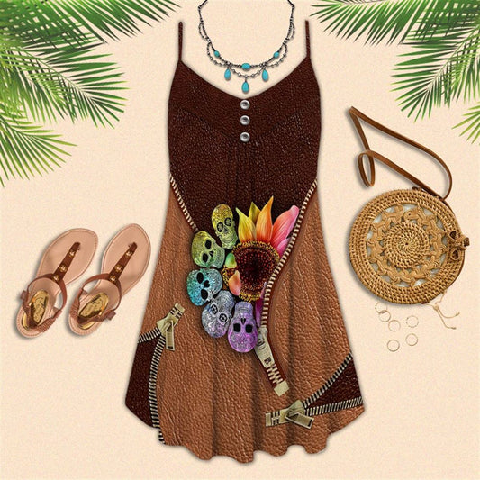 Skull Sunflower Leather Style Spaghetti Strap Summer Dress For Women On Beach Vacation, Hippie Dress, Hippie Beach Outfit