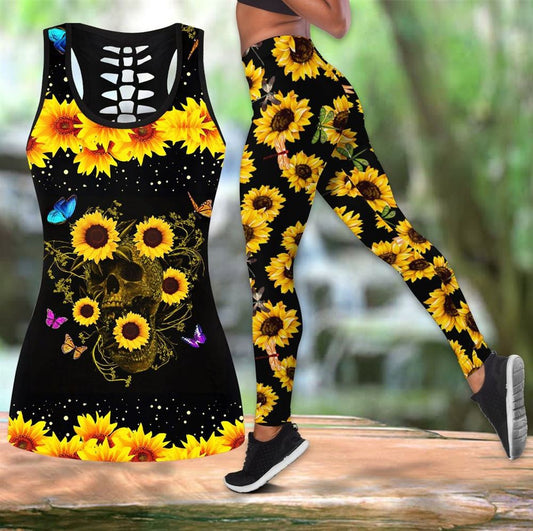 Skull With Sunflower Hollow Tanktop Leggings, Sports Clothes Style Hippie For Women, Gift For Yoga Lovers