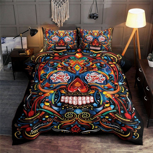 Skulls Hippie Quilt Bedding Set, Boho Bedding Set, Soft Comfortable Quilt, Hippie Home Decor