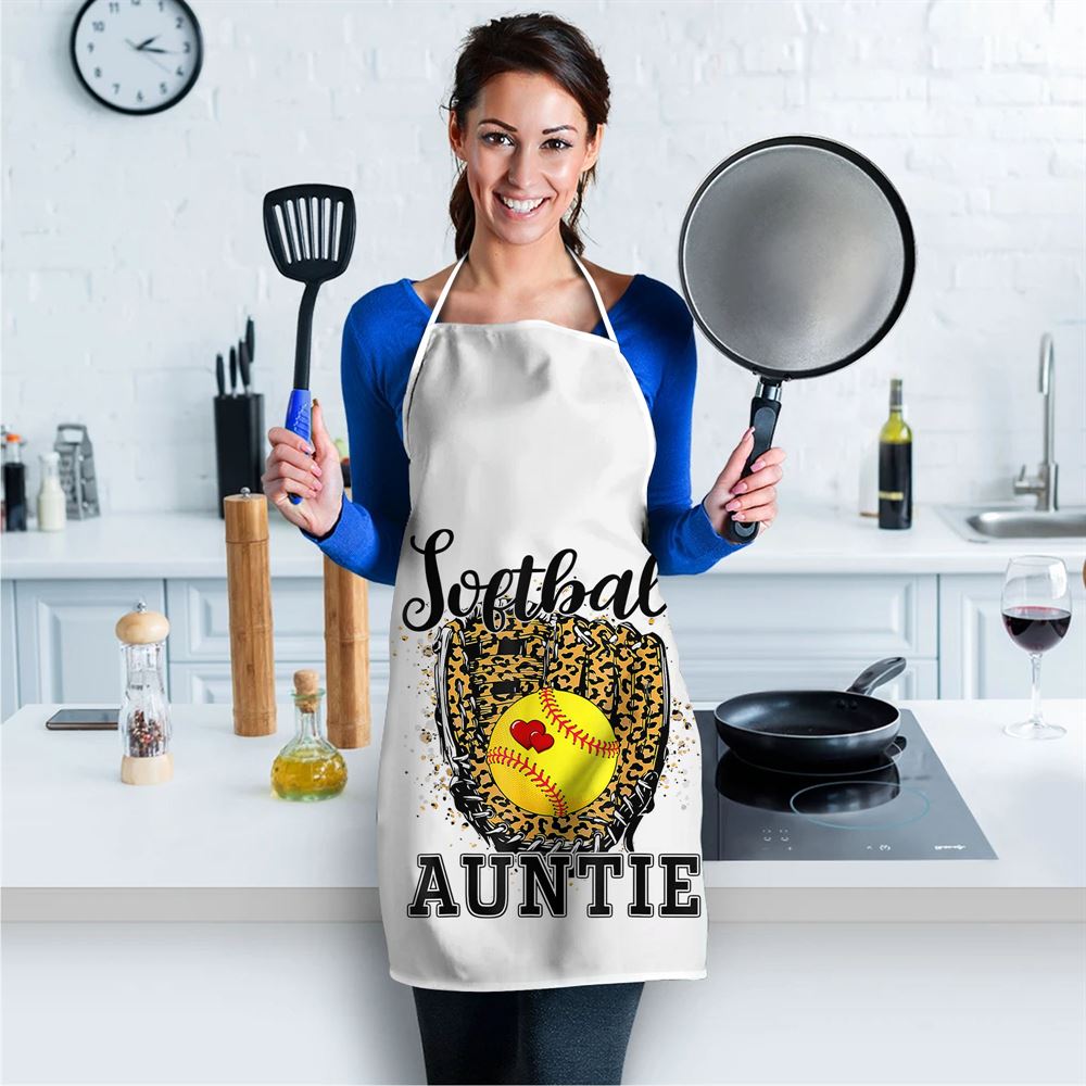Softball Auntie Leopard Game Day Aunt Mother Apron, Mother's Day Apron, Funny Cooking Apron For Mom