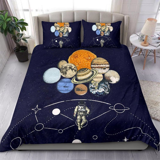 Spaceman Balloon Planets Multicolored Quilt Bedding Set, Boho Bedding Set, Soft Comfortable Quilt, Hippie Home Decor