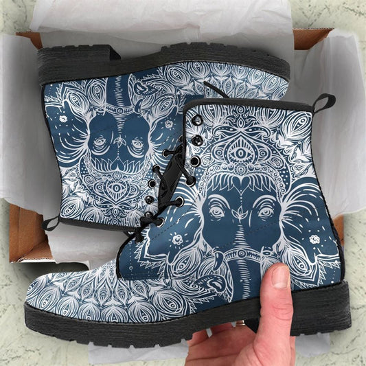 Spiritual Mandala Elephant Leather Boots For Men And Women, Gift For Hippie Lovers, Hippie Boots, Lace Up Boots