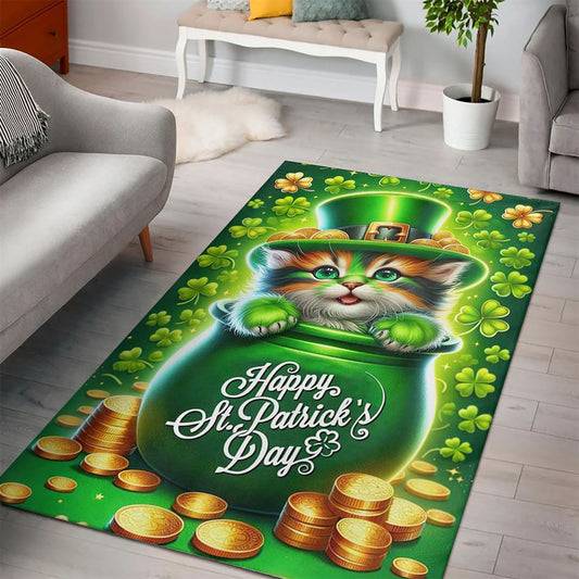 St Patrick's Day Cat Rug, Cat Inside The Money Jar, St Patrick's Day Rug, Clover Rug For Irish Decor, Green Rug