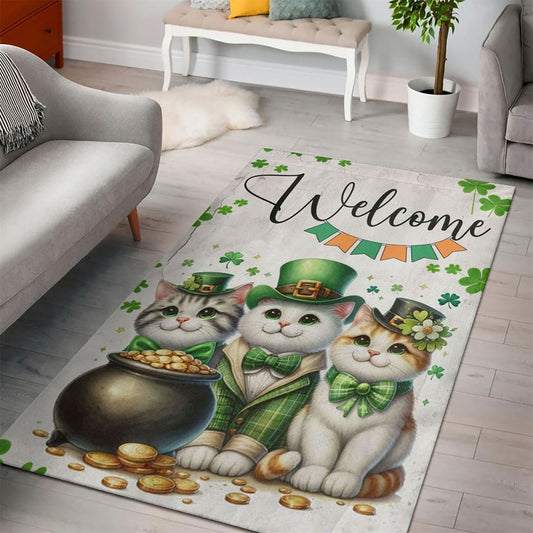 St Patrick's Day Cat Rug, Welcome Cat Clovers, St Patrick's Day Rug, Clover Rug For Irish Decor, Green Rug